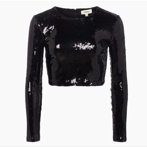 L'AGENCE Black Sequin Long-Sleeve Crop Top